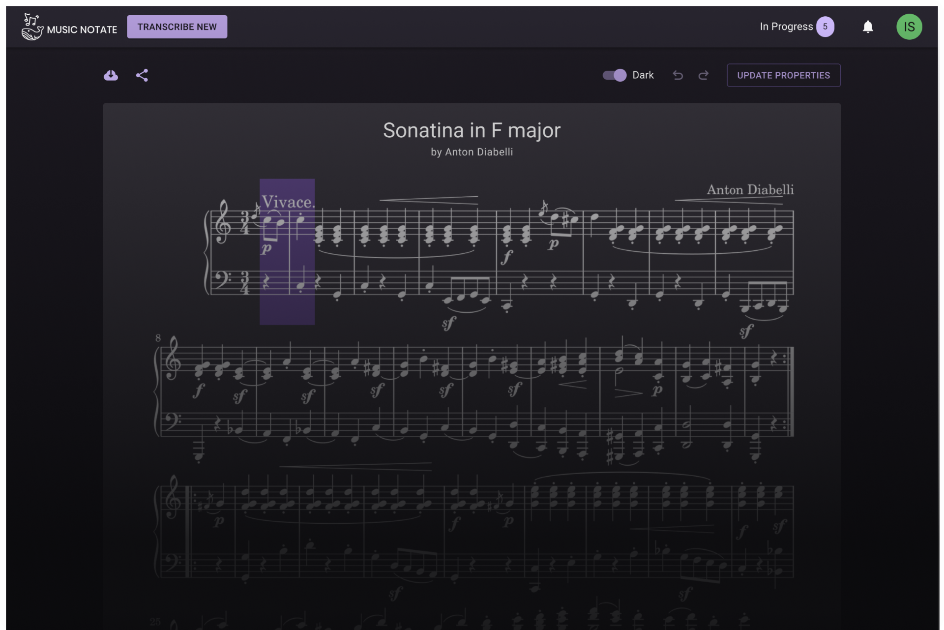 Music Notate Interface - Sonatina in F major by Anton Diabelli